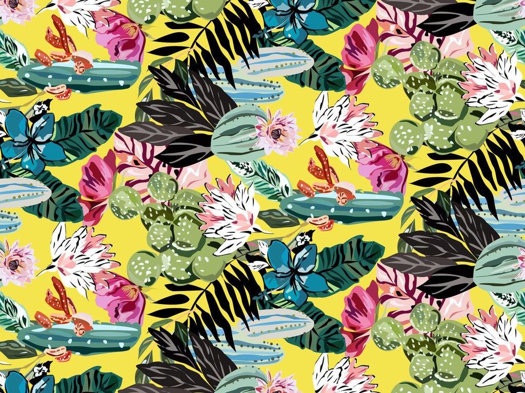 热带植物叶子花卉无缝印花图案