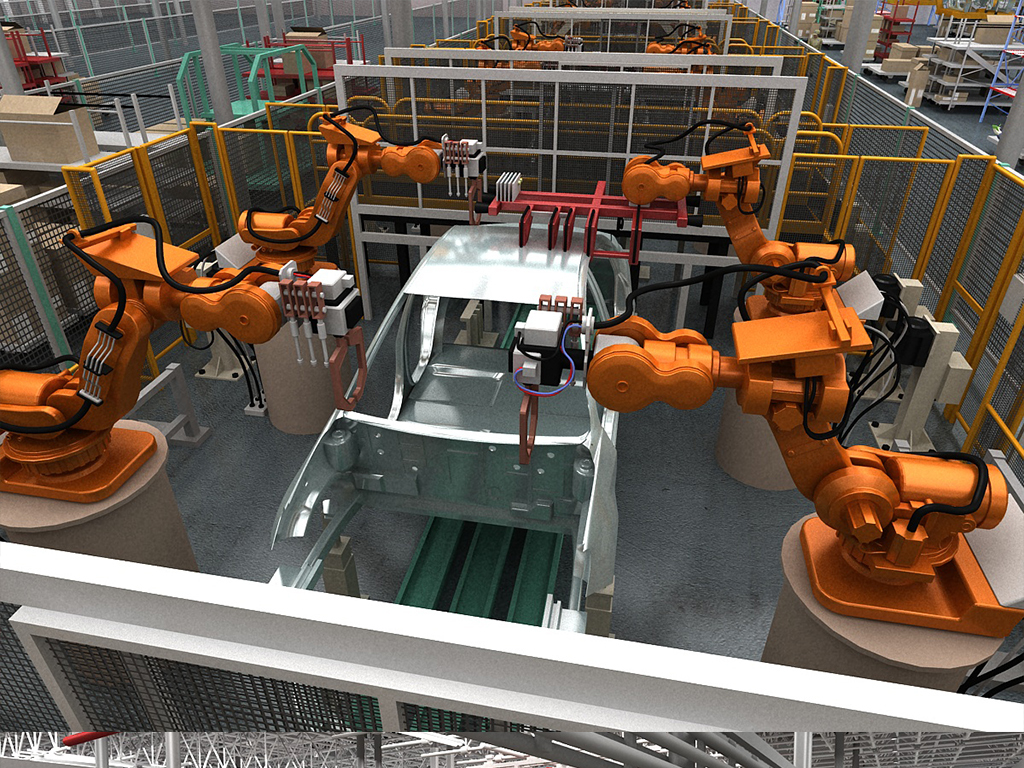 工厂车间汽车生产线场景带人物动画流水线