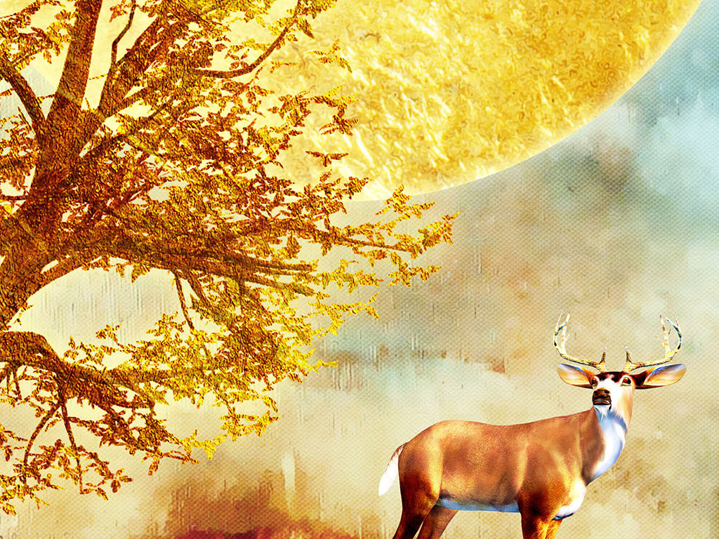 金色夕阳发财树麋鹿北欧装饰画