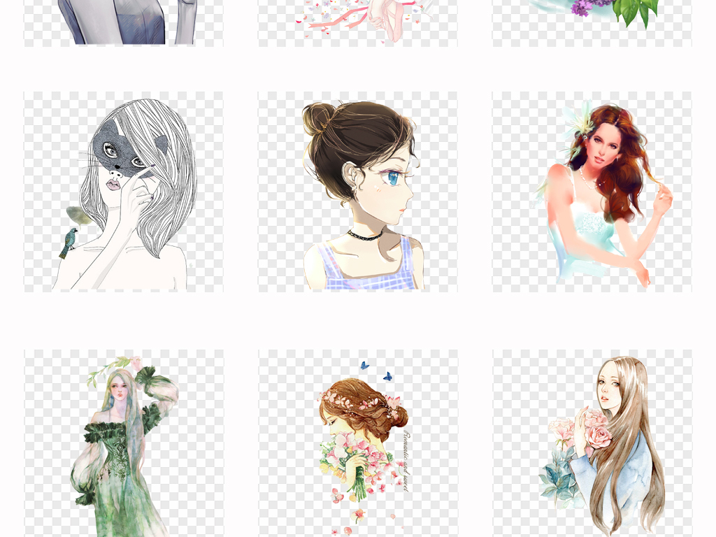 50多款卡通手绘唯美女孩彩绘人物插画png素材