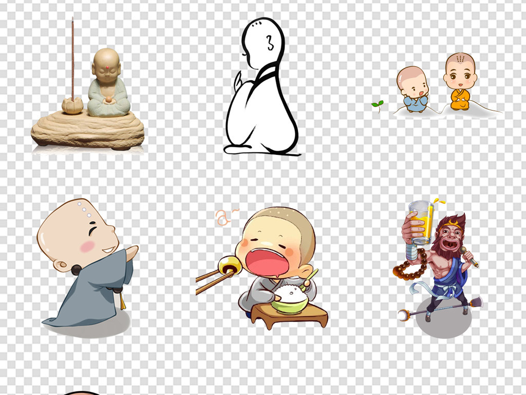 卡通小和尚老和尚佛光普照念经佛陀免扣png