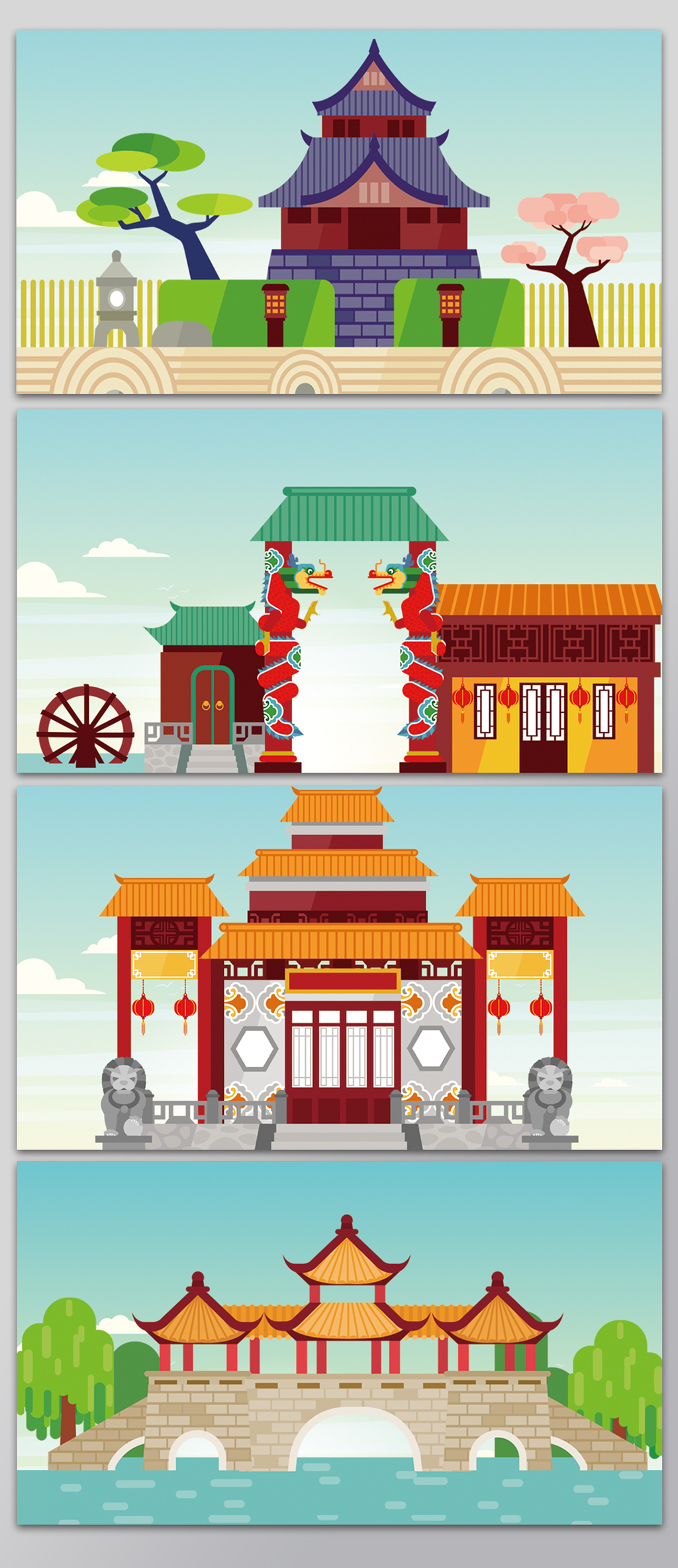 扁平化古典建筑矢量背景图片
