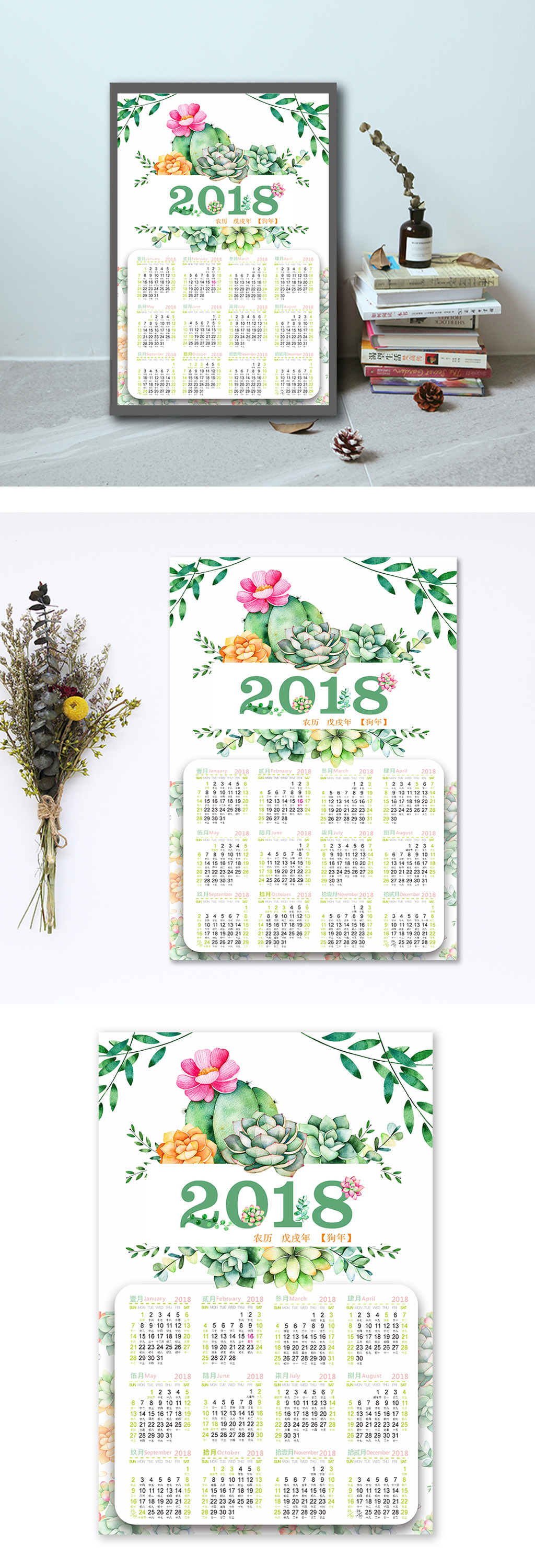2018年狗年多肉植物清新海报日历图片设计素