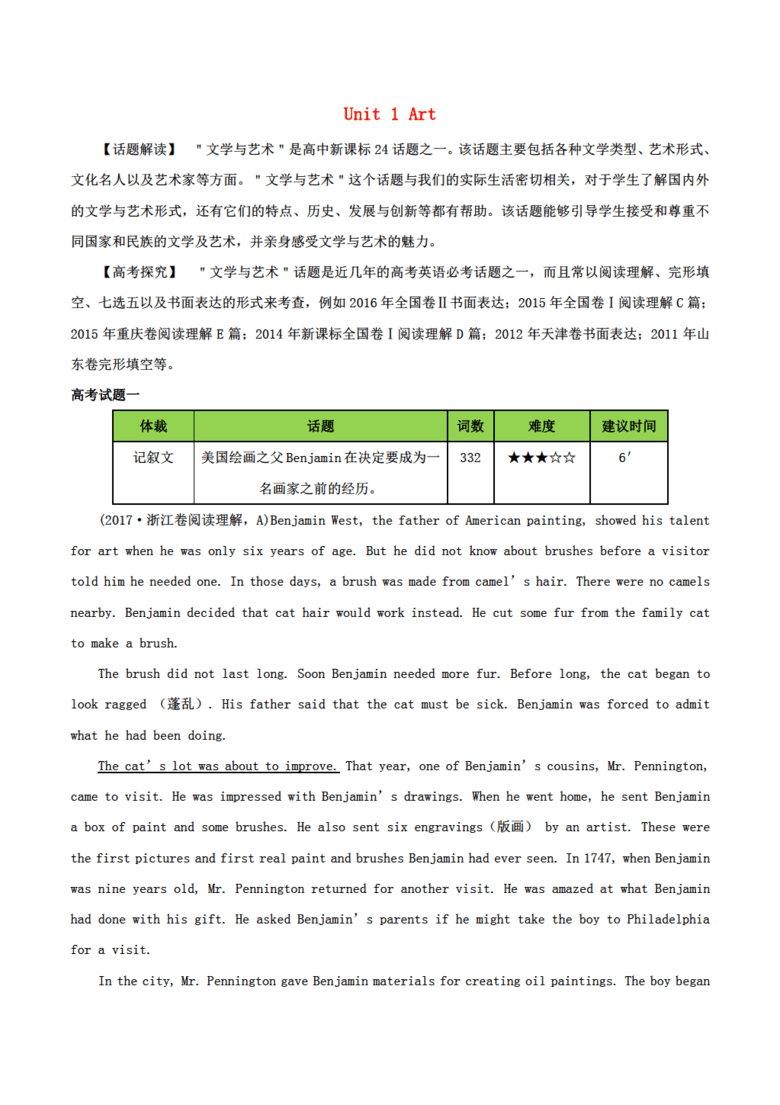 2018年高考英语一轮复习 Unit 1 Art高考题 新人
