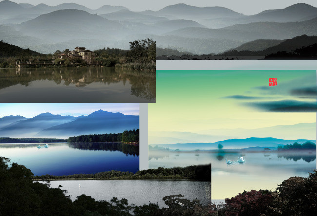 山水水墨山效果图广告分层素材