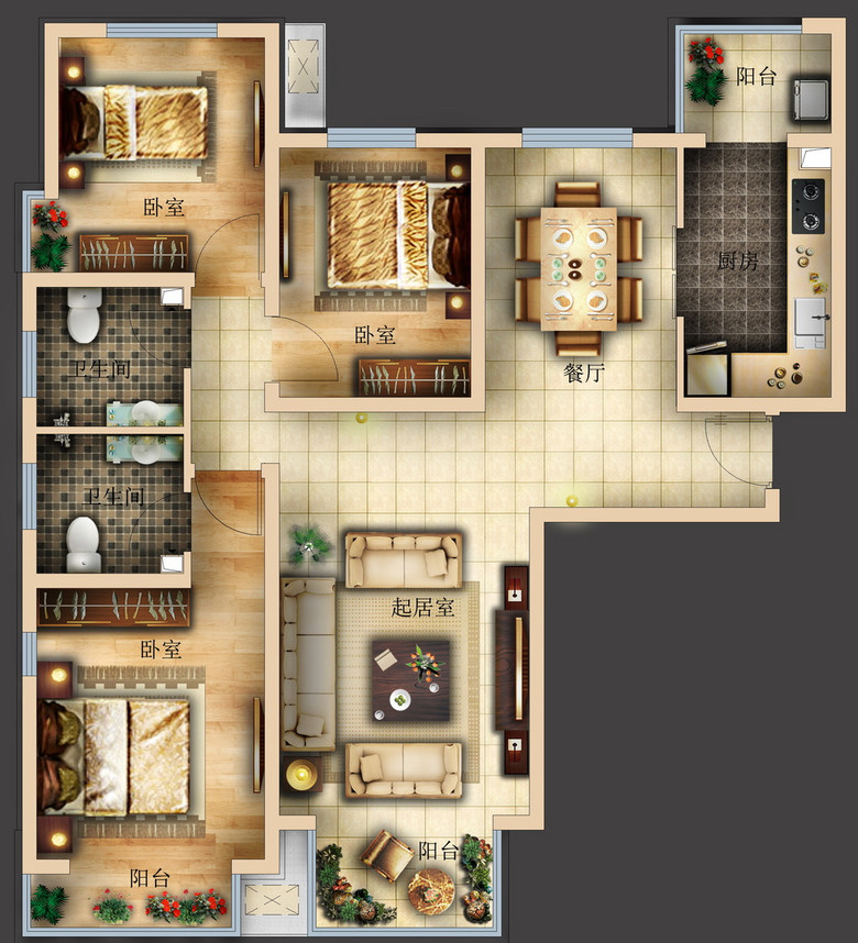 彩色平面图 > 三室两厅psd户型图下载彩平图下载 版权图片 素材图片