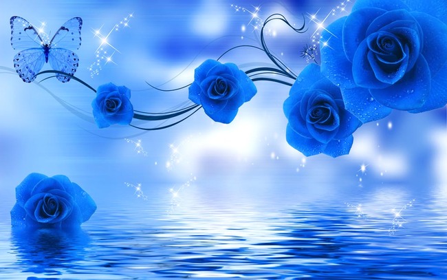 蓝色妖姬玫瑰倒影壁画电视背景墙