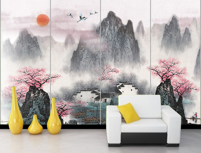 漓江山水画国画水墨画电视背景墙