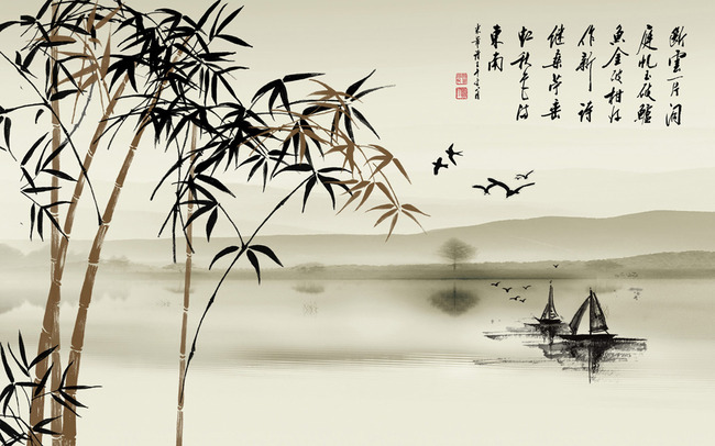 山水竹子风景画带诗图片