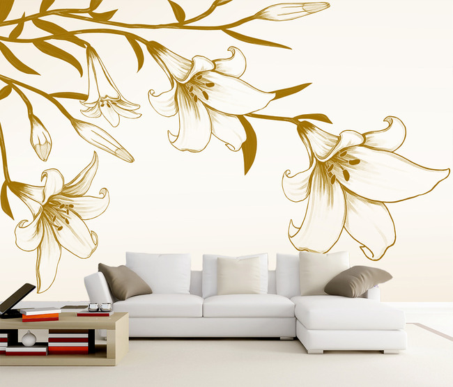 百合手绘百合电视背景墙