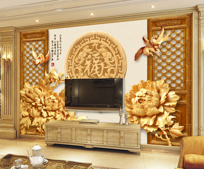木雕牡丹中式壁画电视背景墙