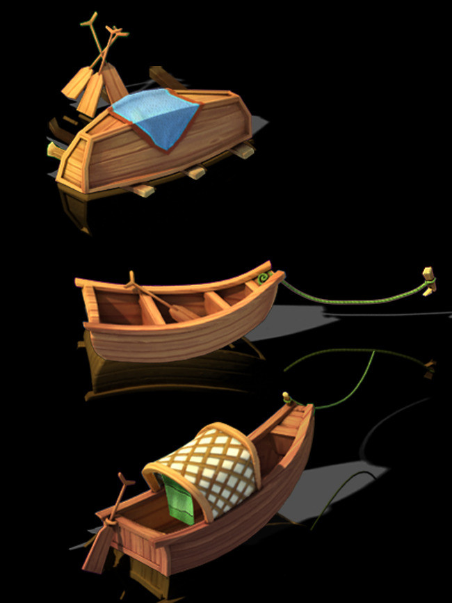 2.5d三维游戏卡通小船小木舟模型