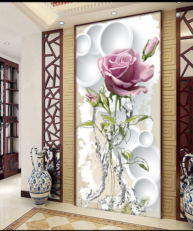 3d立体玫瑰之约清新淡雅玄关背景墙壁画