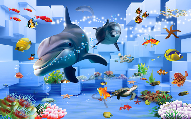 3d海洋馆海底鱼群背景墙壁画