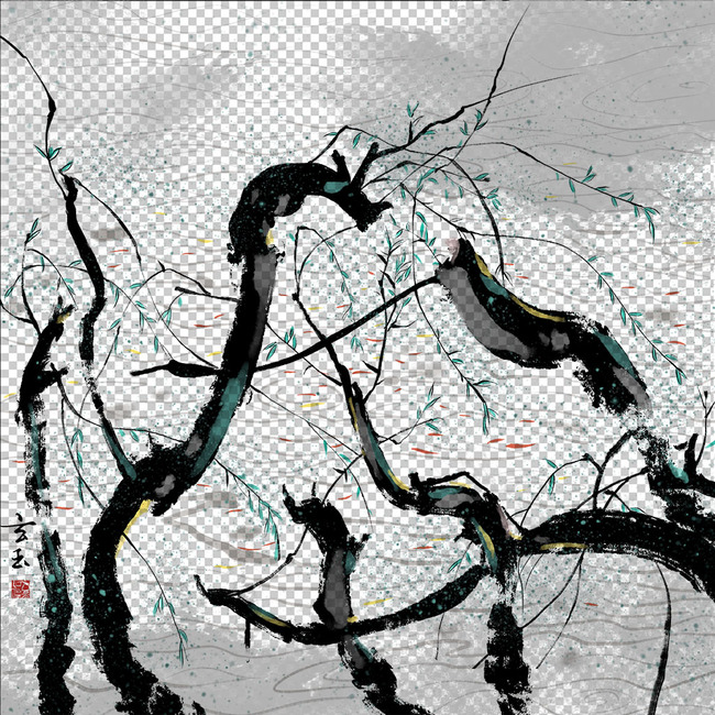 水墨江南江中柳树装饰画psd分层图