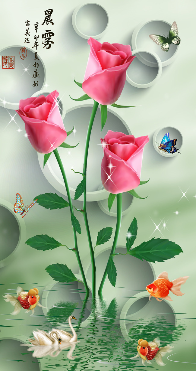 时尚水中玫瑰花3d简约玄关背景墙壁画