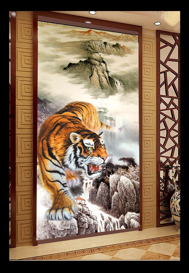 猛虎下山虎老虎图国画山水画玄关背景墙