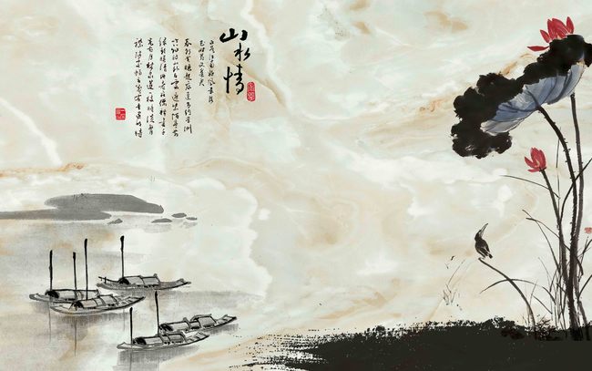 大理石中式山水情荷花电视背景墙装饰画