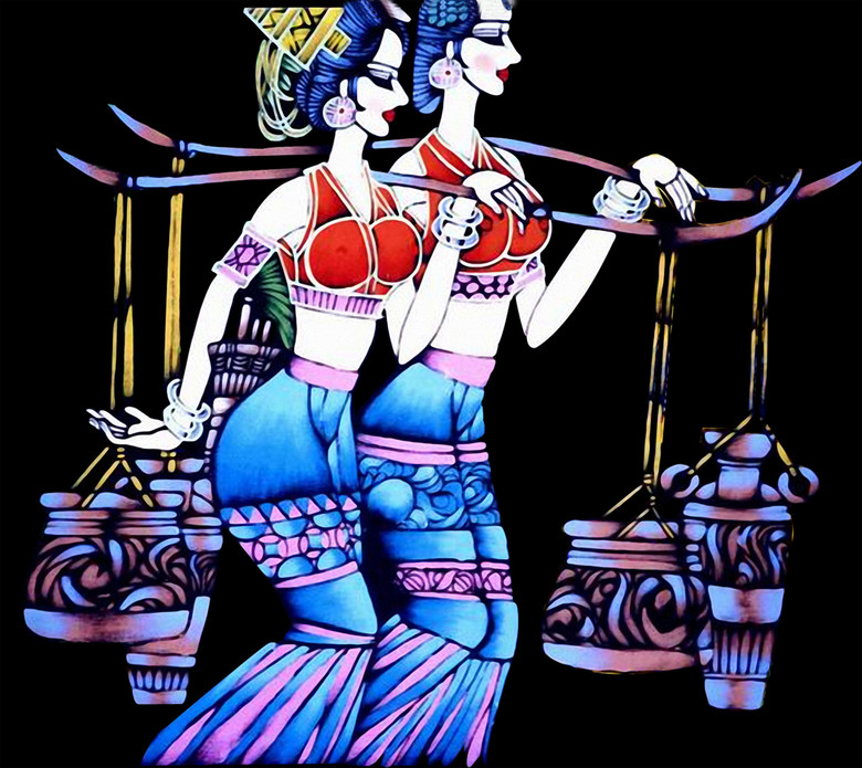 少数民族风情姐妹人物插画装饰壁画