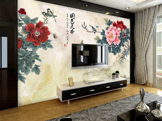 国色天香牡丹图中式电视背景墙壁画