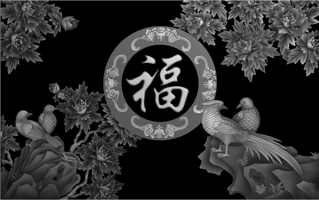 富贵吉祥牡丹花鸟精雕图jdp送彩喷图