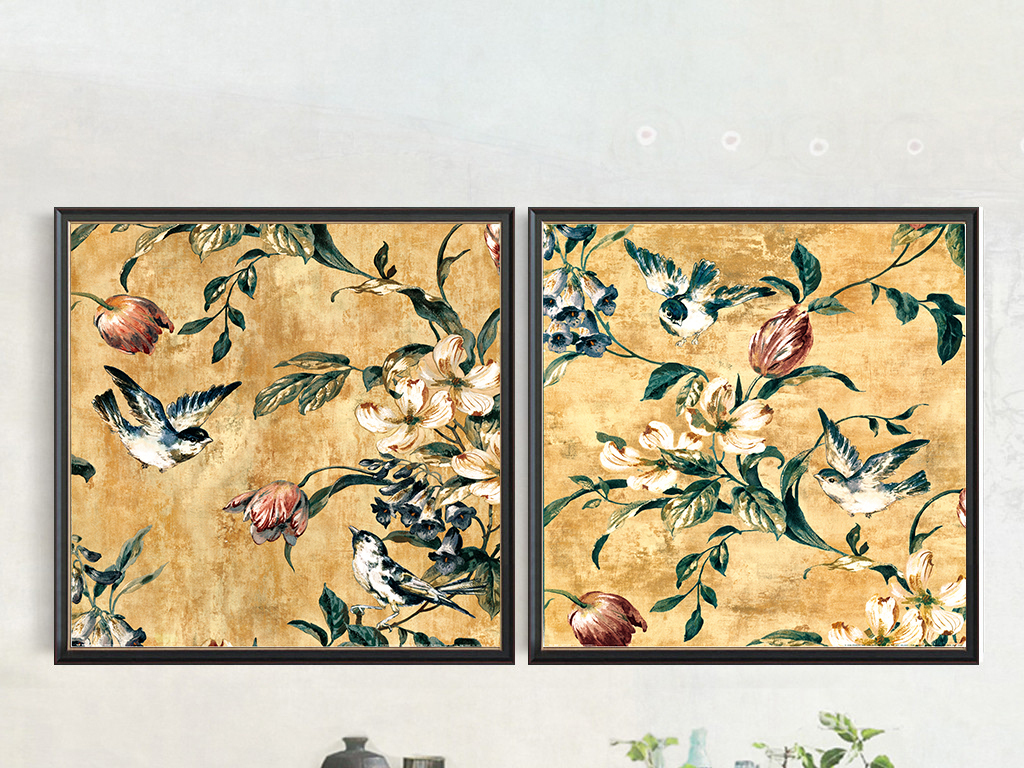 经典二联植物花卉有框无框优雅装饰画