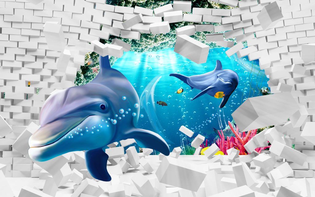 高清3d沙滩海豚电视背景墙装饰画