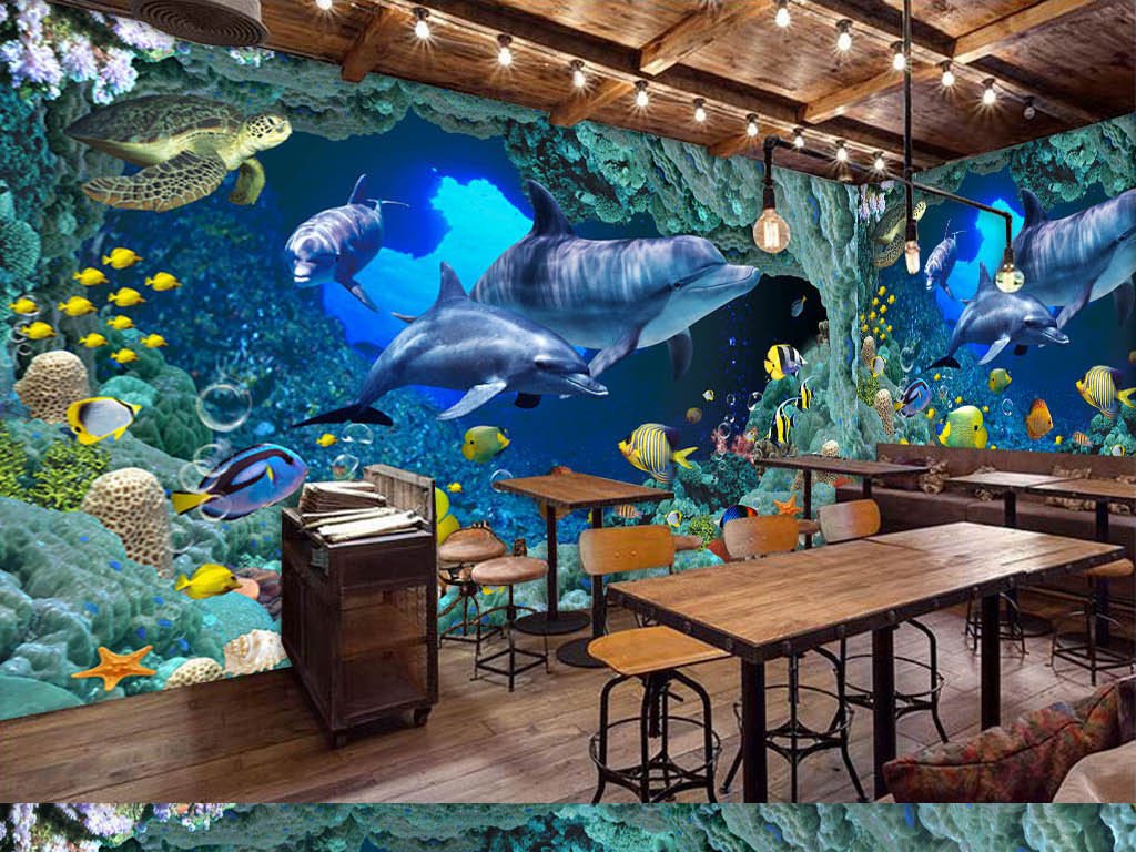 蓝色海底世界海豚主题餐厅酒吧背景墙