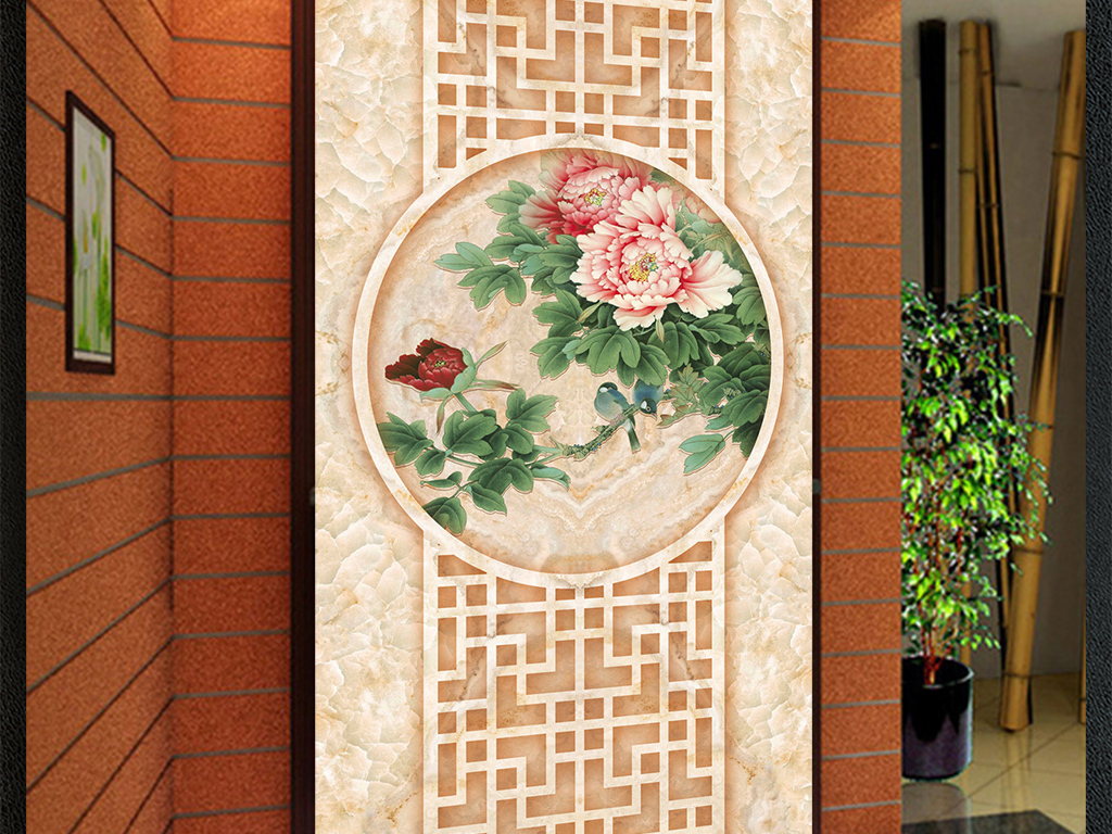 大理石浮雕牡丹花中式边框玄关