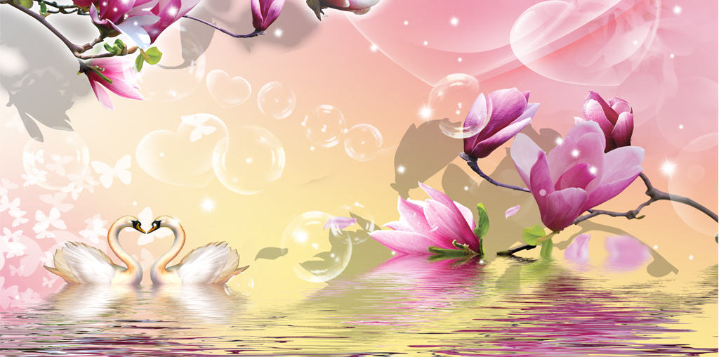 梦幻桃心玉兰花天鹅倒影电视背景墙