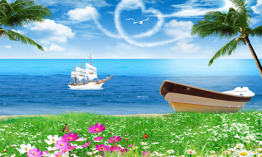 风景画蓝天白云大海椰树风景壁画