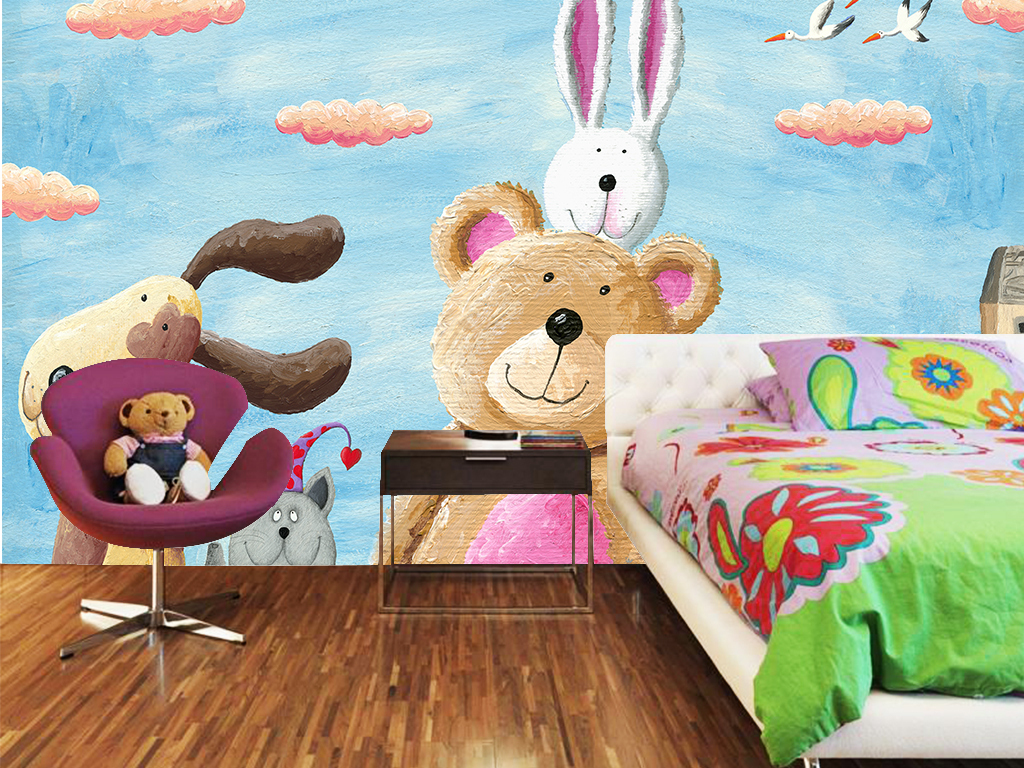 背景墙|装饰画 壁画 手绘壁画 > 卡通动物手绘贝占儿童油画风格儿童房