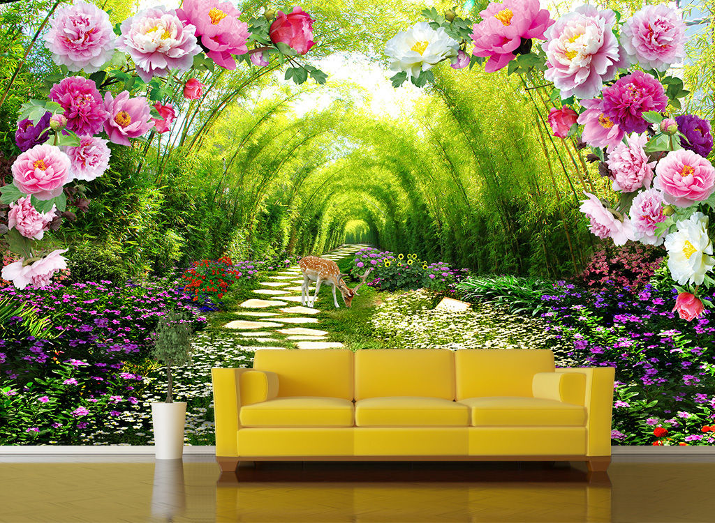 花园绿荫路花门3d壁画背景墙