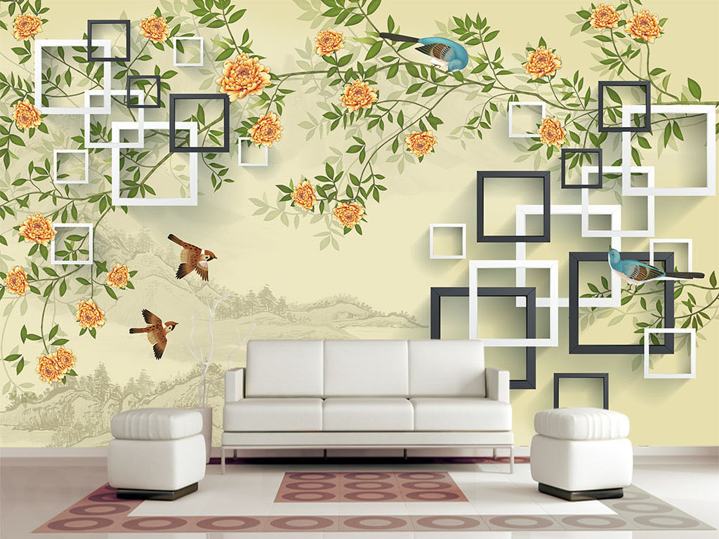 3d方格花鸟图牡丹3d电视背景墙