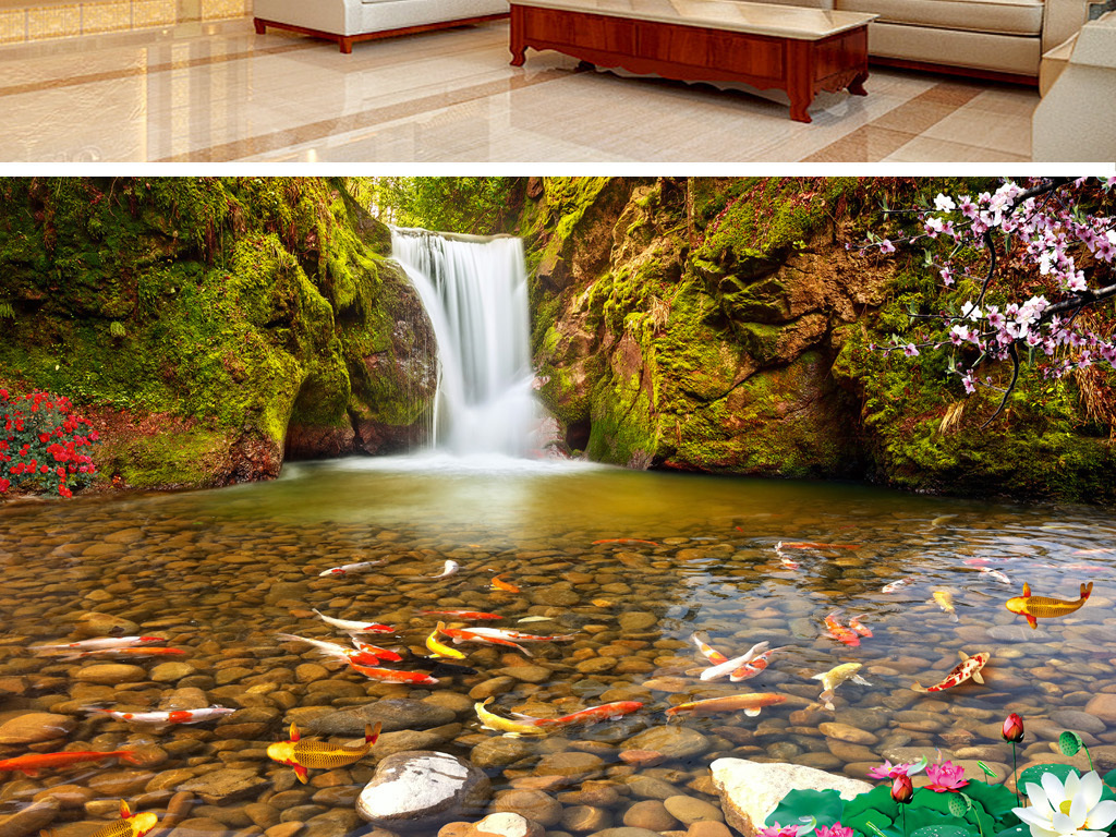 流水生财山泉鱼乐图背景墙