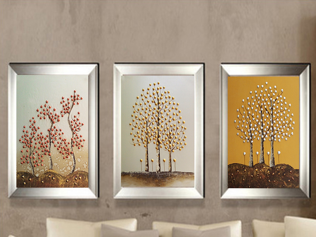 三色立方体发财树高清三联画