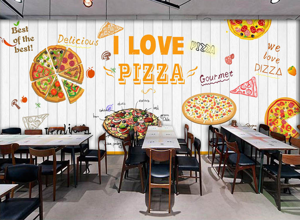 欧美白色木板披萨店背景墙