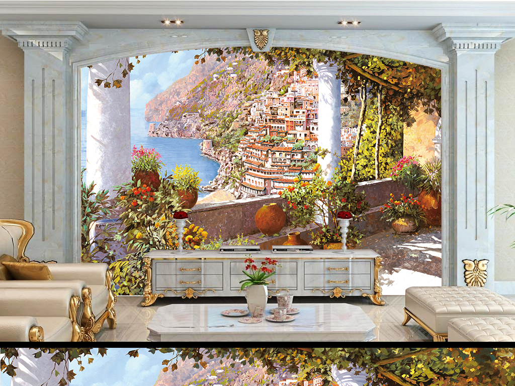 地中海海边花园风景油画背景墙