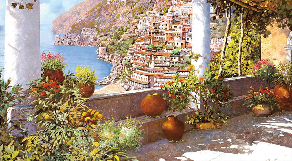 地中海海边花园风景油画背景墙