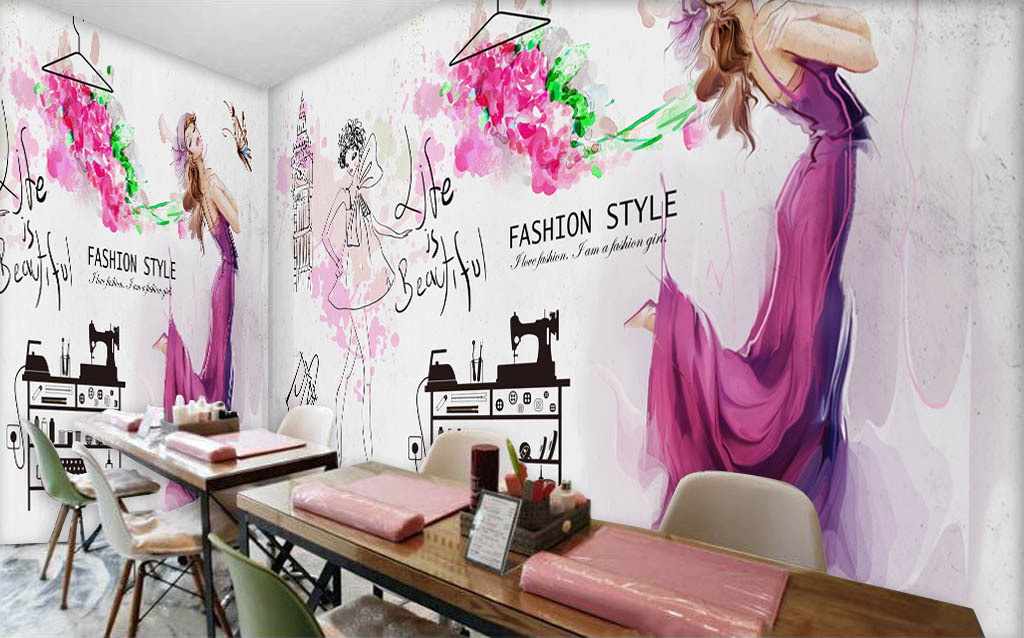 手绘水彩美女美容店化妆品店背景墙