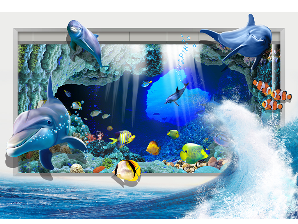 3d海洋世界海豚背景墙