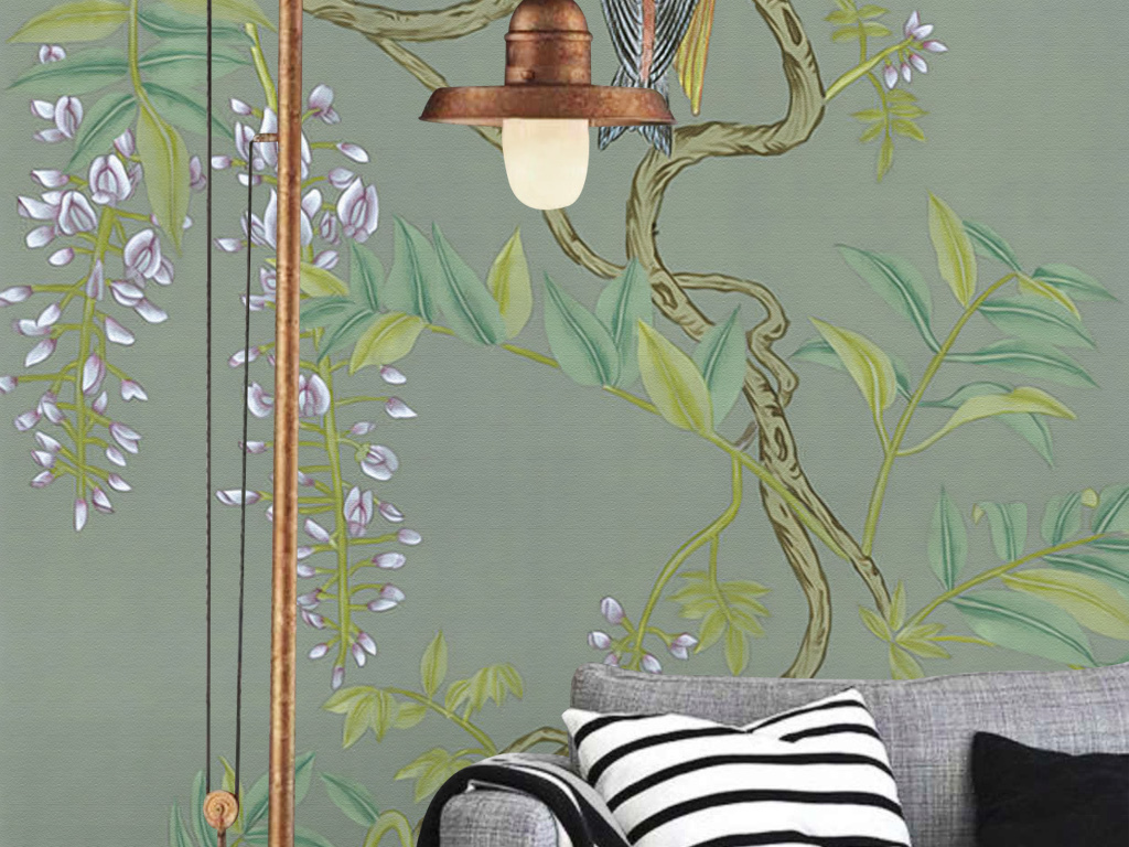 欧式手绘工笔花鸟花藤树枝新中式壁画玄关图片设计素材_高清模板下载