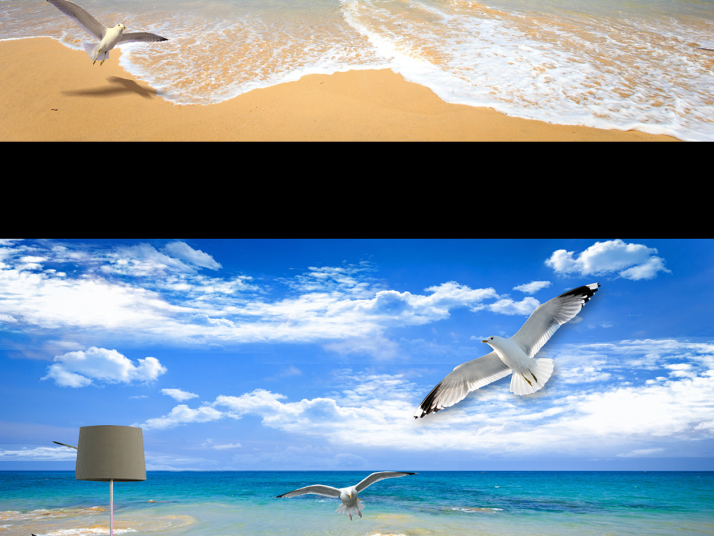蓝天白云海边沙滩海鸥壁画电视背景墙
