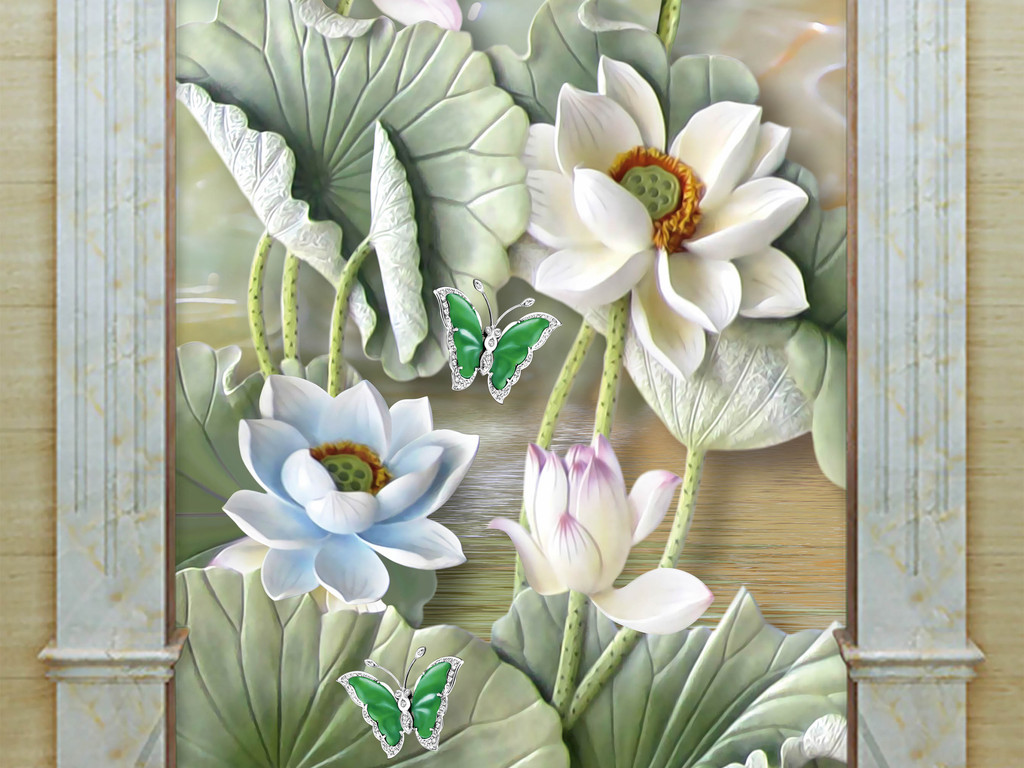 玉雕荷花3d立体瓷砖大理石玄关背景墙