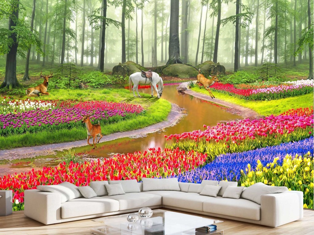 极美高清梦幻森林花海3d风景画背景墙