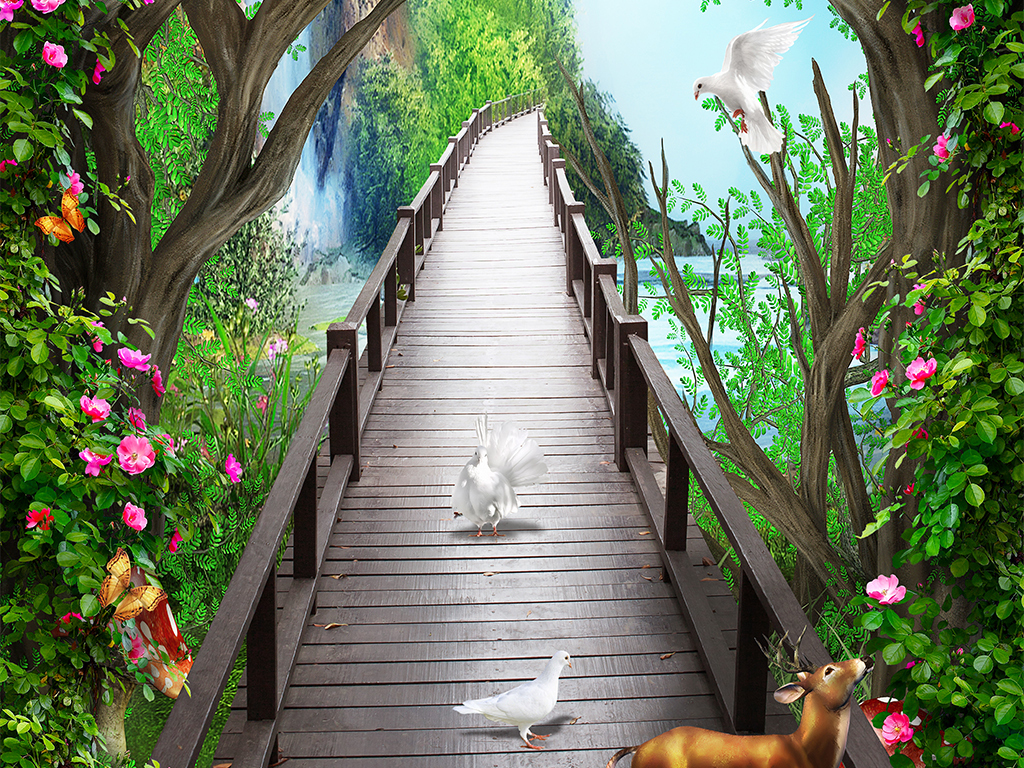 唯美梦幻木板桥麋鹿花藤3d玄关背景墙壁画