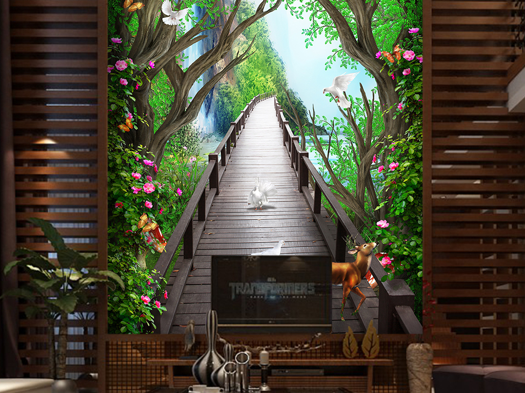 唯美梦幻木板桥麋鹿花藤3d玄关背景墙壁画