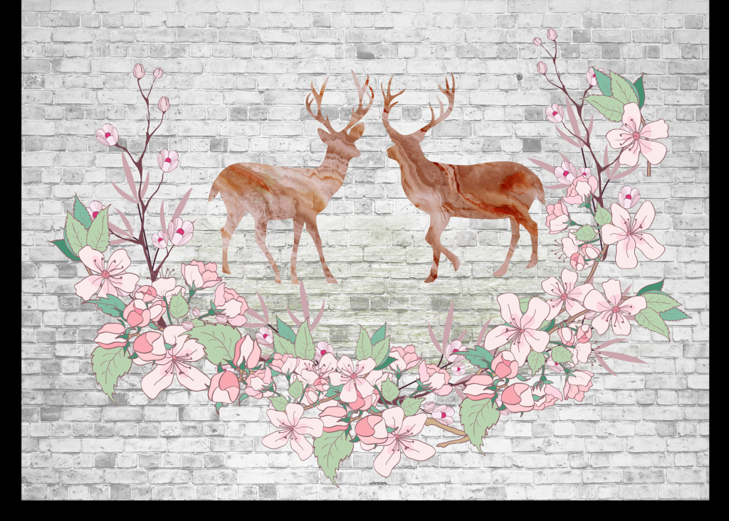 复古小鹿抽象花电视背景墙
