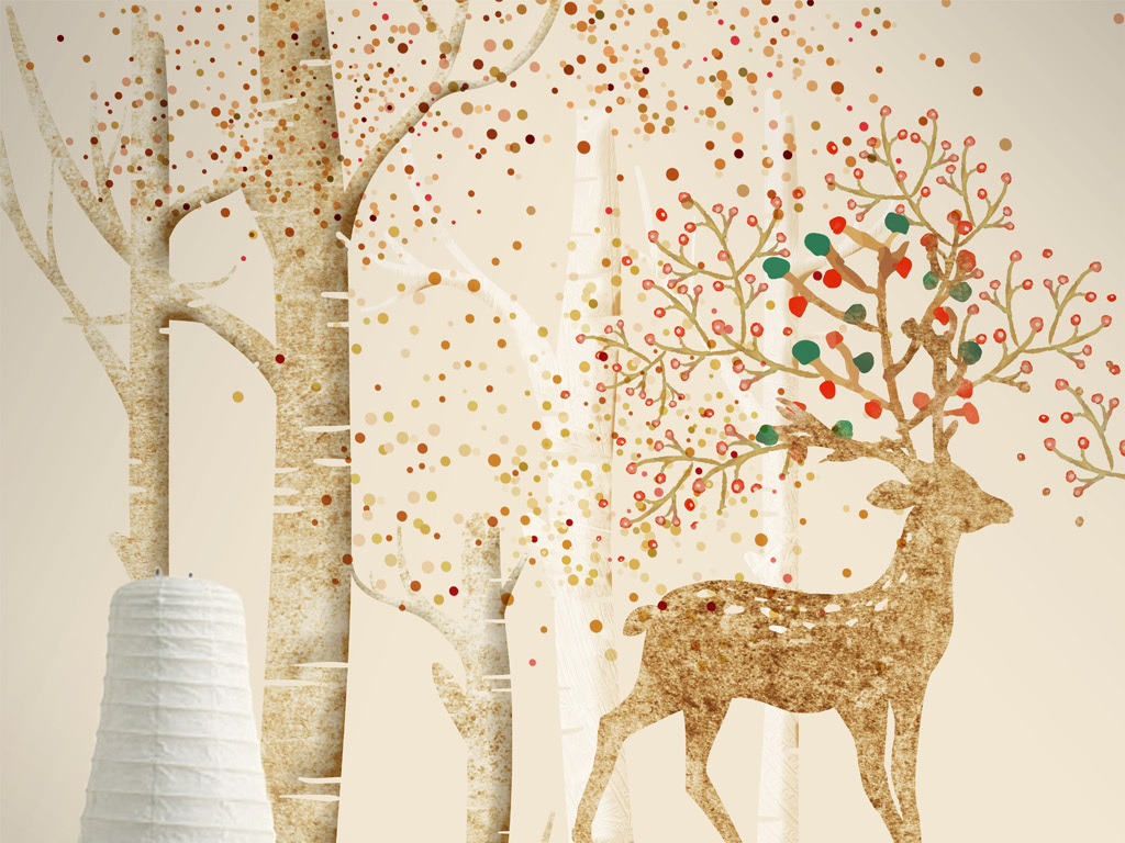 麋鹿森林北欧装饰画欧式背景墙复古背景鹿