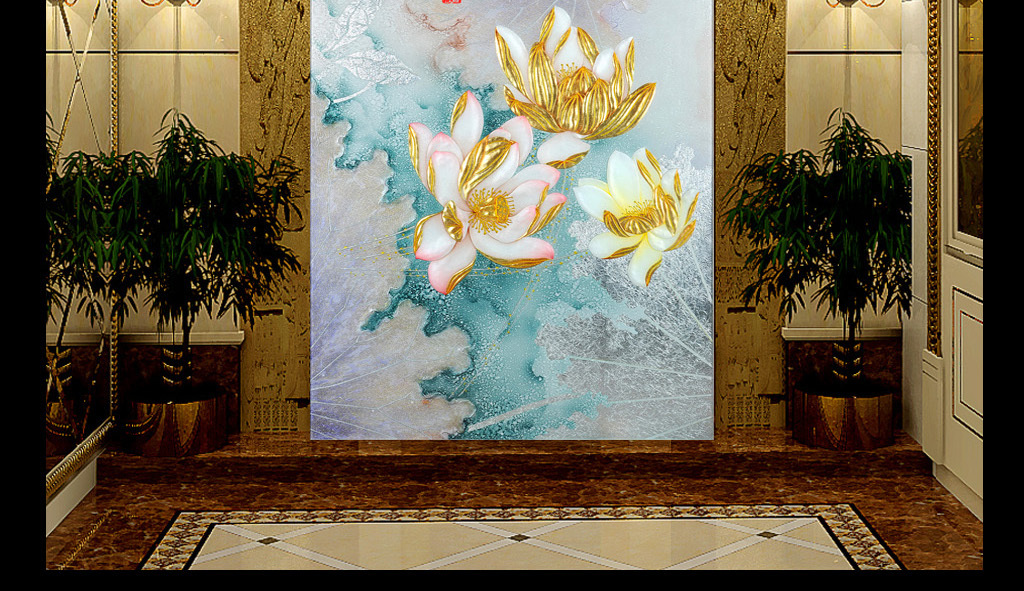 彩雕家和富贵金色荷花玄关过道背景图